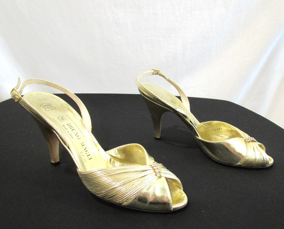 Bruno Magli Shoes - Vintage Bruno Magli Italy Gold Leather Rhinestone Slingback Heels, Women 6.5 B